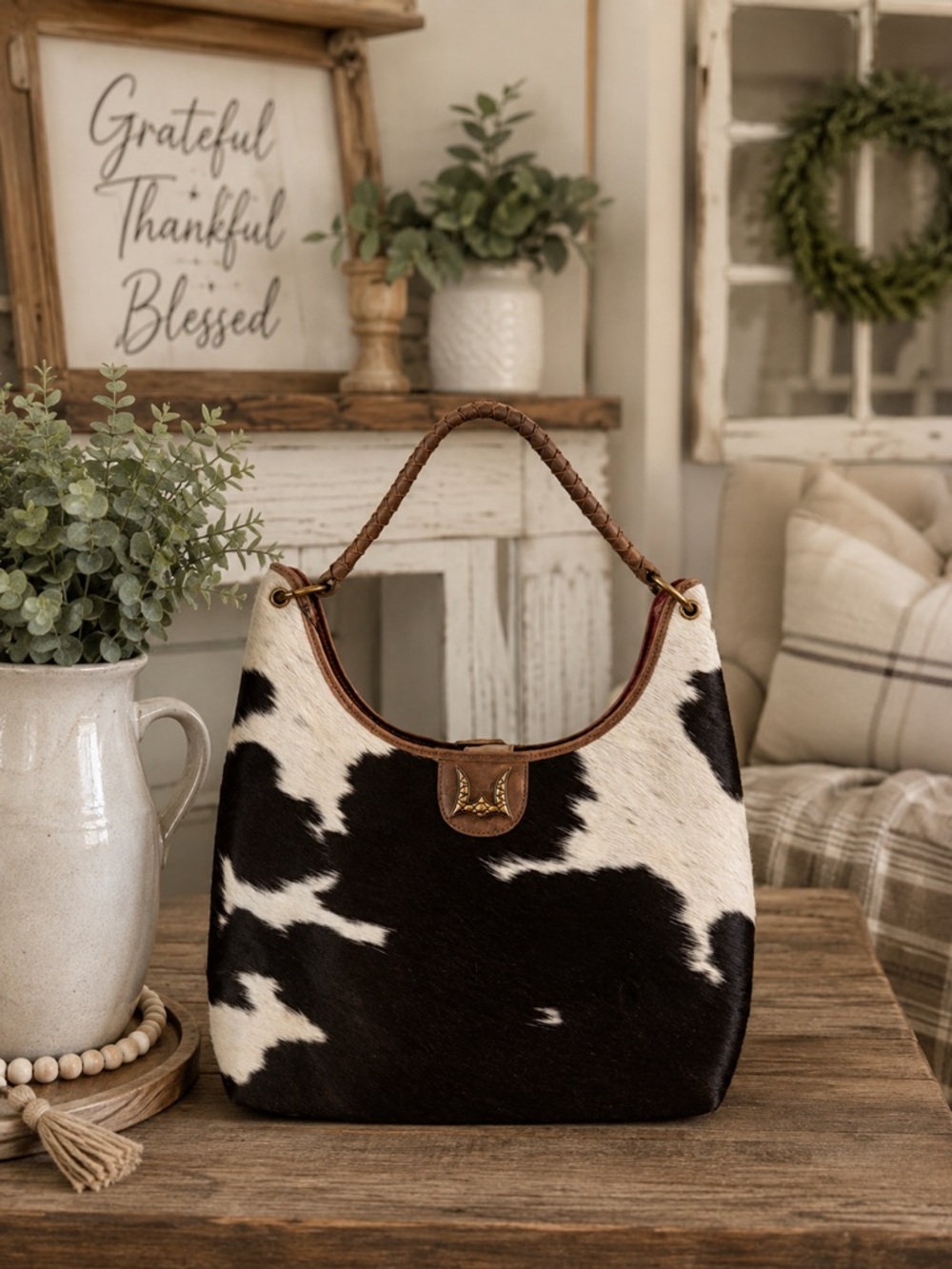 Loyal West- Conceal Carry Cowhide Hobo Bag with Braided Handle - Black & White